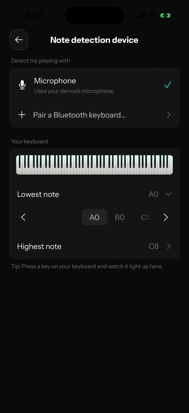 The Lowest note and Highest note rows with the note wheel open.