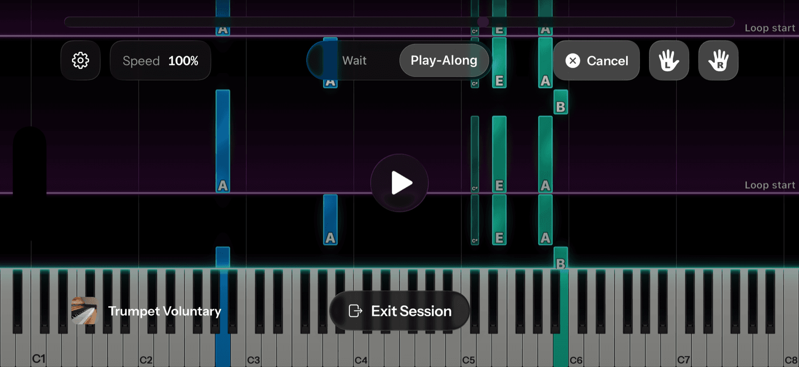 An active loop on the piano roll with the "Loop start" marker line and the Cancel button beside the hand toggles.