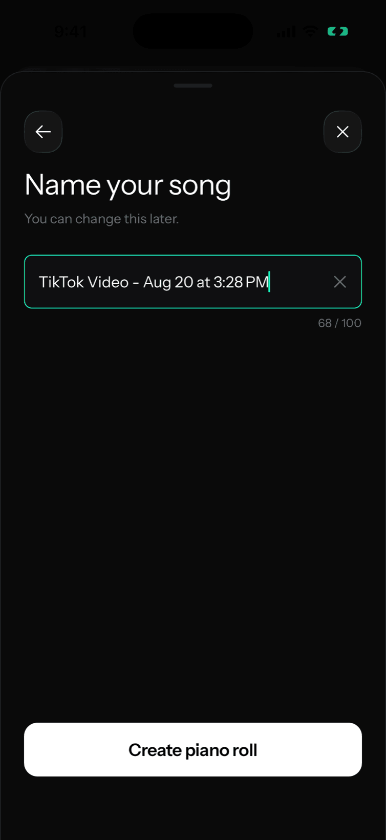The "Name your song" screen with the "TikTok Video" date prefill in the field.