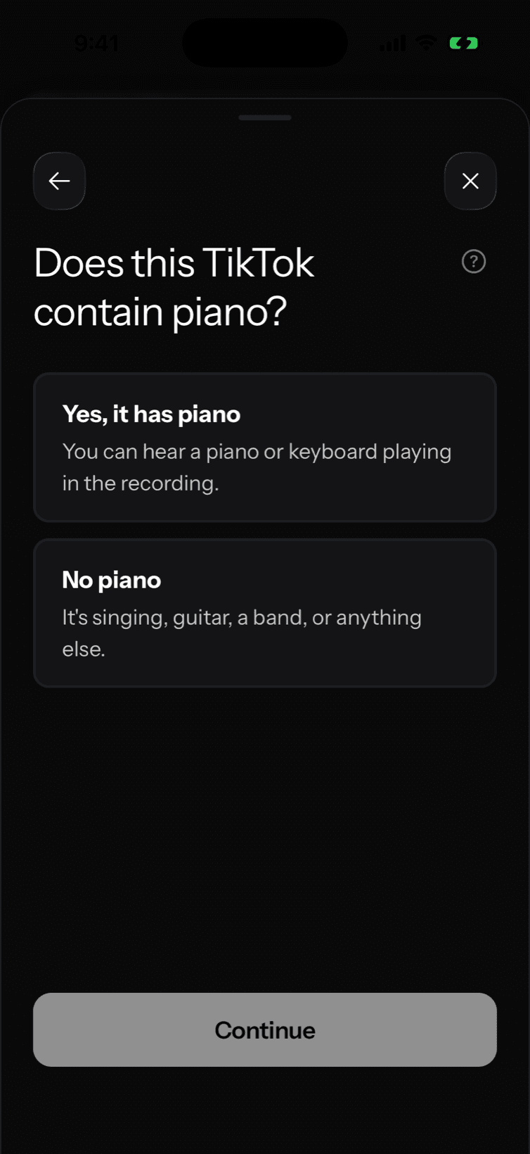 The "Does this TikTok contain piano?" question inside Anything Piano.