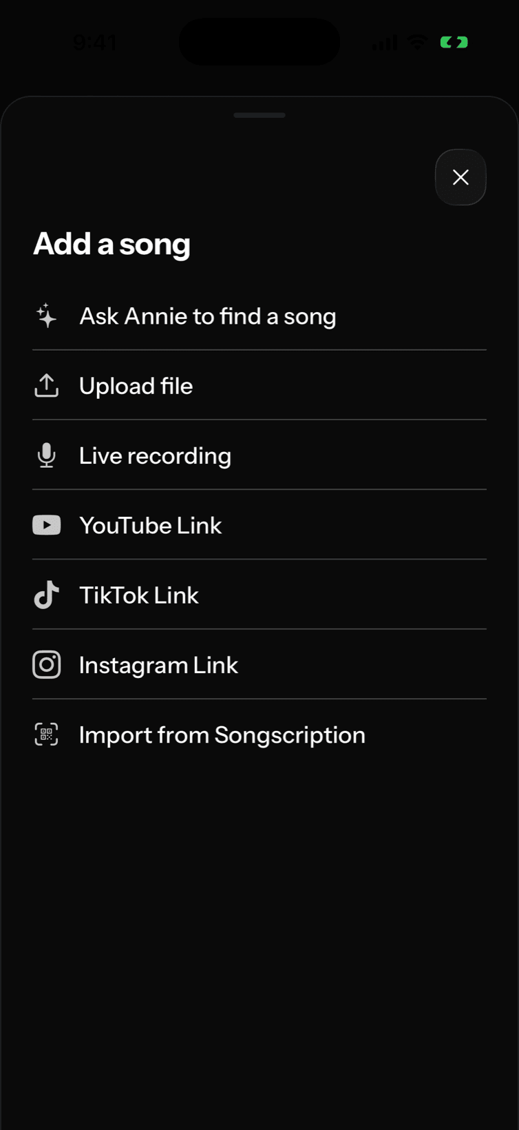 The "Add a song" menu open with YouTube Link among the available sources.